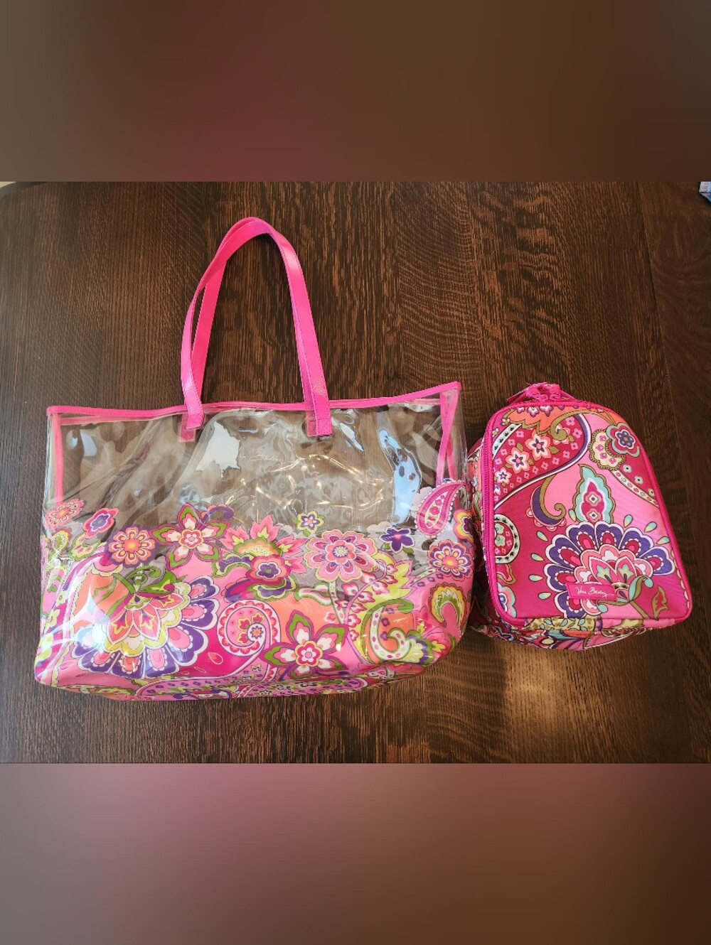 Vera Bradley Retired "Pink Swirls" Clear Beach Tote & Lunch Bag, Set 2, EUC $49